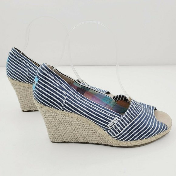 Toms Blue Striped Peep Toe Espadrille Wedge Sandal Size 7.5 - Picture 3 of 8